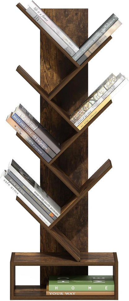 Furinno Tree Book Shelf, 7-Tier Bookshelf, Tree Bookcase with Bottom Shelf, 8.4 x 16.9 x 46.2, for Living Room, Bedroom, Home Office, Amber Pine