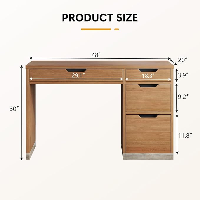 MaverickFurni 48 Inch Small Desk with 4 Drawers, Computer Desk with Storage File Drawer for Bedroom, Home Office Desk with Storage for Small Space, Brown