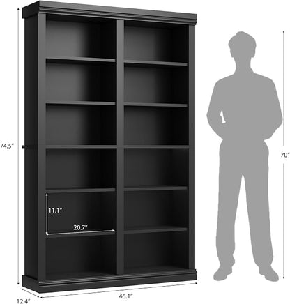 Garvee 74.5" Tall Bookshelf with Double Storage, 6-Tier Large Bookshelf, Double Wide Bookshelves w/ 12 Cubbies, Wide Freestanding Bookcases for Livingroom Office Library (Blcak, 74.5"H*46.1"W*12.4"D)