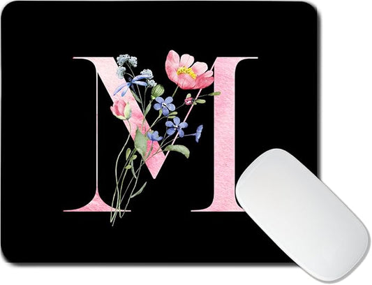 Mouse Pad Pinks Flowers Initial Letters Mousepad Desktop Laptop Computer Accessories Home Office Gaming Work Desk Computer Non-Slip Rubber Monogram Floral Alphabet A-Z mousepad (M)