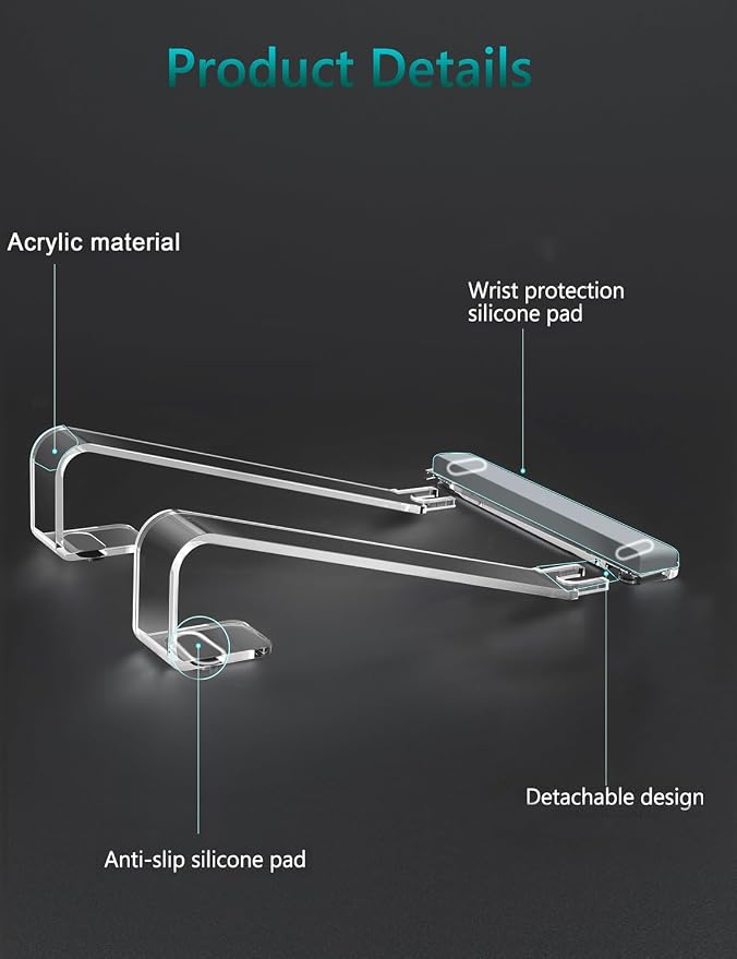 JCZT Clear Acrylic Laptop Stand for Desk, with Wrist Rest, Ergonomic Detachable Mount Compatible with 10-17'' All Laptops Such as MacBook Air Pro/HP/Dell/Lenovo