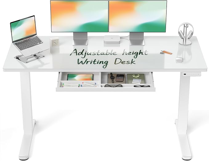 BANTI 55x24 inchs Electric Glass Standing Desk with Drawer - Height Adjustable One-Piece Tempered Top Sit Stand Workstation with Memory Keypad for Home Office