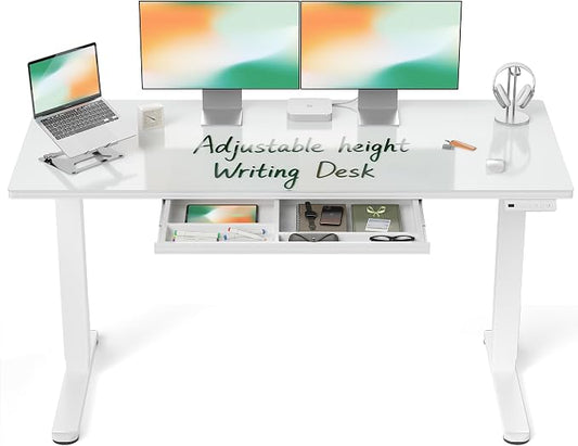 BANTI 55x24 inchs Electric Glass Standing Desk with Drawer - Height Adjustable One-Piece Tempered Top Sit Stand Workstation with Memory Keypad for Home Office