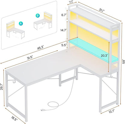 SEDETA White Corner Desk, Reversible 45.3” Small Computer Desk with Power Outlet and LED Lights, Corner Computer Desk with Hutch, Storage Shelves and Hooks for Small Space