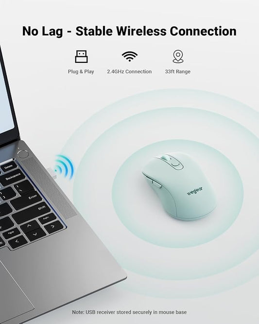 wegear USB Wireless Mouse for Laptop PC Mac, 2.4GHz Cordless Mouse with 6 Buttons, 5-Level Adjustable 4000 DPI, Ergonomic Portable Optical Computer Mice, 24-Month Battery Life (Mint Green)