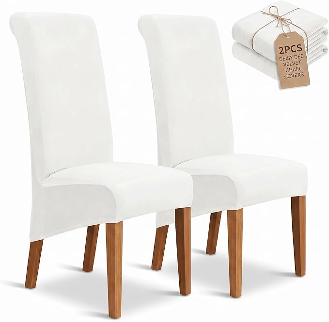 Deisy Dee Stretch XL/Oversized Extra Large Velvet Dining Room Chair Covers for Kitchen Dining，Removable Washable Chair Protectors Slipcovers (Off White, 2)