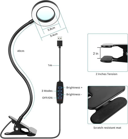 Woputne Desk Lamp with 5X Magnifying Glass,3 Color Modes 10 Brightness Levels,Reading Light Eye-Caring,Flexible Gooseneck Clip On Light with 5V/2A Adapter for Home Office Craft Close Work