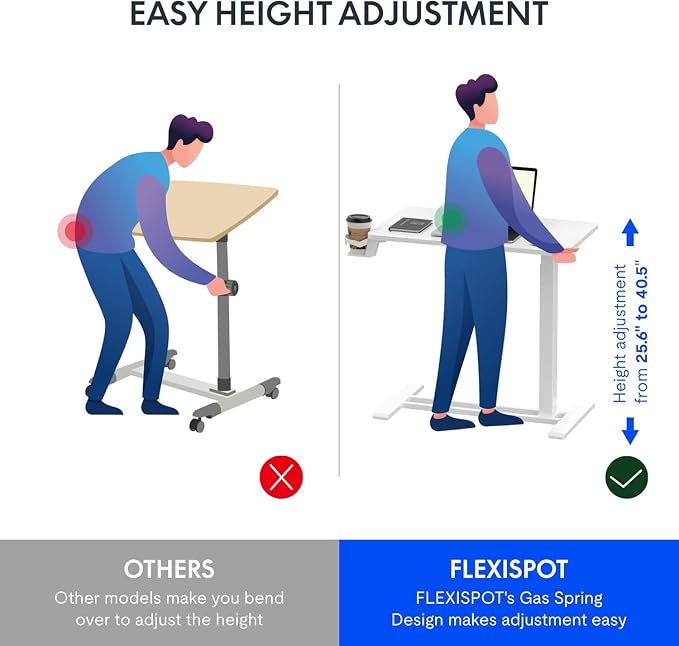 FLEXISPOT Mobile Standing Desk with Wheels Pneumatic Laptop Desk Rolling Computer Cart Movable Height Adjustable Small Sit Stand Desk Computer Workstations Home Use（27.6" W x 15.7" D,White）