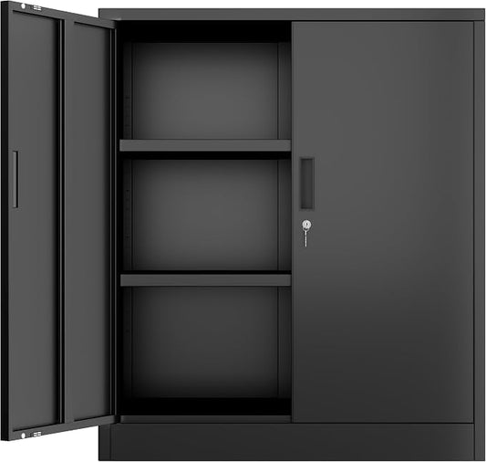 BESFUR Metal Storage Cabinet, Garage Storage Cabinet with 2 Adjustable Shelves, Locking Short Storage Cabinet for Office Garage Home, Black Metal Cabinets (36" H x 31.5" W x 16" D)