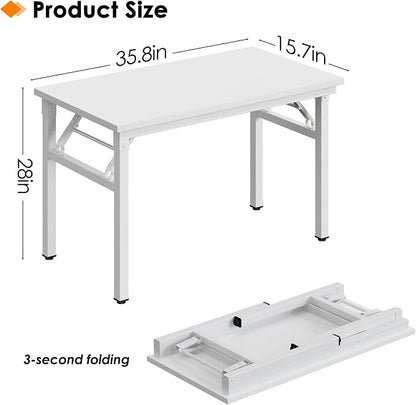 Need 35.8 Inch Folding Desk for Small Spaces, Home Office Computer Desk with Wood Top & Black Frame, Foldable Writing Table for Study, Bedroom, Dorm Room & Student, White