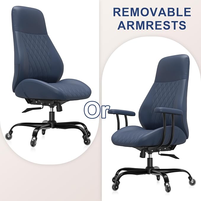 E-Ser Leather Desk Chair, Mid Century Modern Office Chair, Blue | Lumbar Support, Ergonomic, 360° Swivel, Rubber Rolling Wheels, Adjustable Height, for Adults