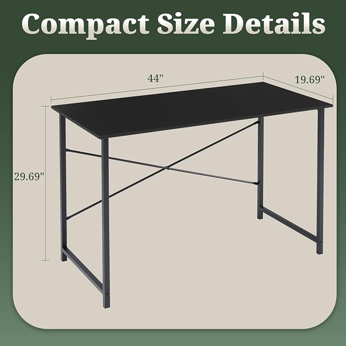 Computer Desk 44 Inch, Home Office Desk Simple Study Writing Table, Sturdy Metal Frame, Scratch-Resistant MDF Desktop for Bedroom Dorm Workspace Small Space, Black
