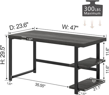 FOLUBAN 47 Inch Computer Desk with Storage Shelves, Modern Home Office Desk, Small Study Writing Desk Gaming Table Workstation for Bedroom Living Room, Industrial Dark Gray