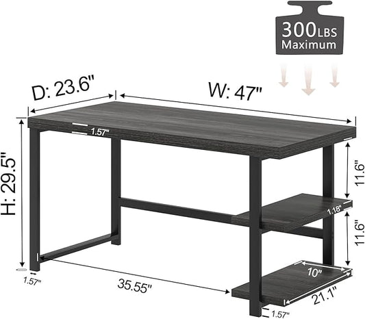 FOLUBAN 47 Inch Computer Desk with Storage Shelves, Modern Home Office Desk, Small Study Writing Desk Gaming Table Workstation for Bedroom Living Room, Industrial Dark Gray