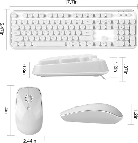 Wireless Keyboard and Mouse Combo - Cute Colorful Keyboard and Mouse, Retro Typewriter Keyboard with 2.4GHz Plug & Play, for Windows 11/10/7, Laptop, PC (White)