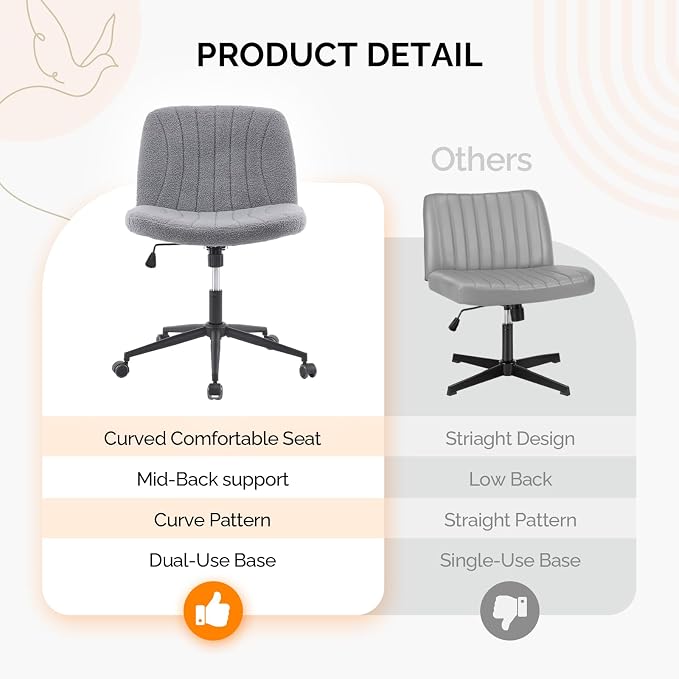 VINGLI Criss Cross Legged Chair,Wide Comfy Office Desk Chair,Dual-Use with/no Wheels Computer Task Chair,Swivel Armless Vanity Boucle Chair for Study,Make Up,Home Office,Teddy Fleece,Dark Grey