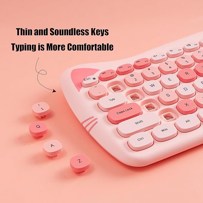 Cute Cat 2.4G USB Wireless Keyboard and Mouse Combo, Silent Keys, Candy Colors, Compatible with Notebook, PC (Pink-84Keys)