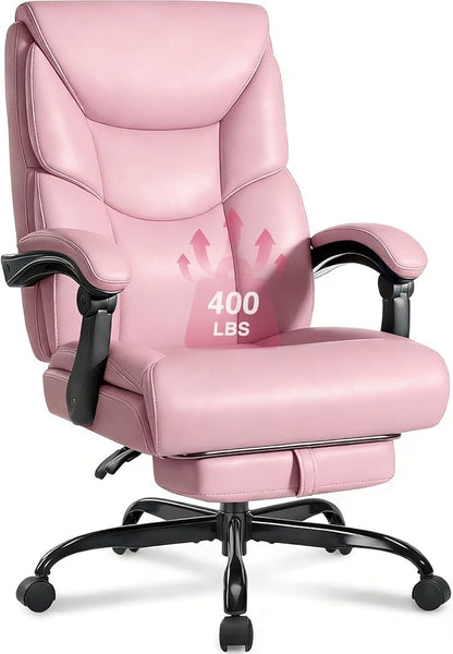 WAILOR 400lbs Office Chair with Foot Rest, Reclining Big and Tall Office Chair with Lumbar Support, High Back PU Leather Computer Chair,Comfy Desk Chair for Home Office (Pink)