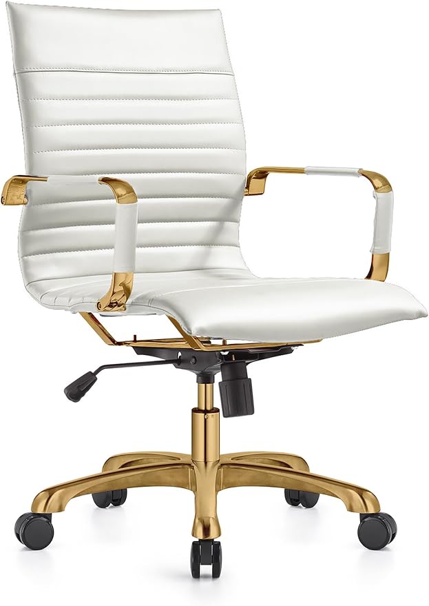 LeisureMod Harris Modern Ergonomic Executive Office Chair, High-Back Leather Conference Desk Chair with Adjustable Height, Tilt Control, 360° Swivel & Gold Frame for Home Office