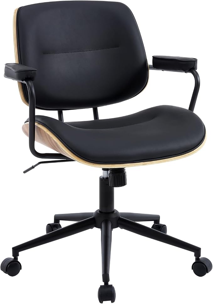 Mid Century Modern Office Chair with Adjustable Backrest, Wooden Desk Chair with Armrests, Swivel Height Adjustable Home Office Chair, Comfortable Task Chair for Home Office, Black