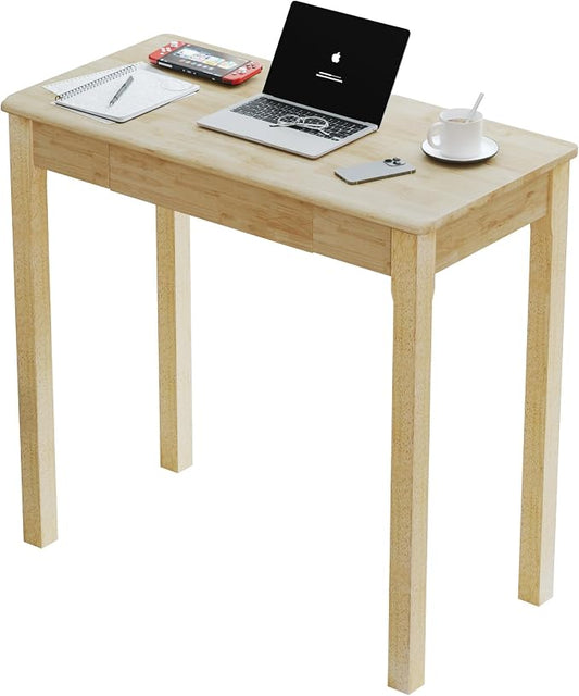 Solid Wood Desk with Drawers - 32 x 16 Inch Simple Narrow Desks, Rubber Wood Study Table, Small Writing Desk for Bedroom|Small Spaces - Natural Boho Desks