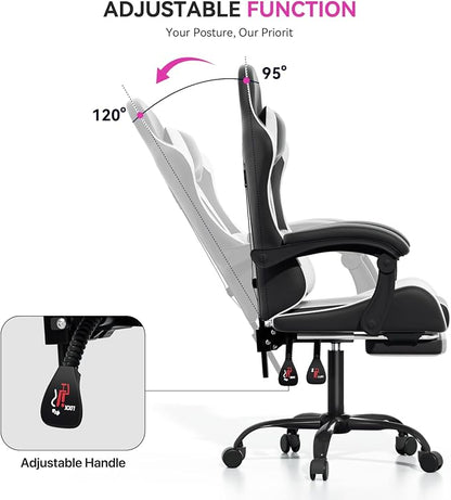 Gaming Chair with Footrest, Ergonomic Computer Gaming Desk Chair with Lumbar Support & Headrest, Adjustable High Back PU Leather Office Chair, Swivel Racing Style Gamer Chair, Black/White