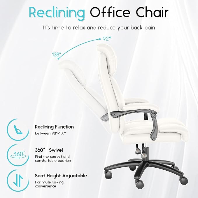 Ollega Big and Tall Reclining Executive Office Chair, 400lbs Leather, White | Breathable waterproof desk chair for home office; 92°-138° recline for back pain relief; wide seat for cross-legged sitting