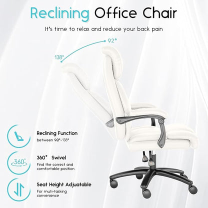 Ollega Big and Tall Reclining Executive Office Chair, 400lbs Leather, White | Breathable waterproof desk chair for home office; 92°-138° recline for back pain relief; wide seat for cross-legged sitting