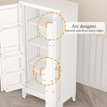 White Pantry Storage Cabinet, 48" Kitchen Pantry with Doors and 3 Adjustable Shelves, Metal Freestanding Buffet Cupboards Sideboard, for Office, Home, Garage, School