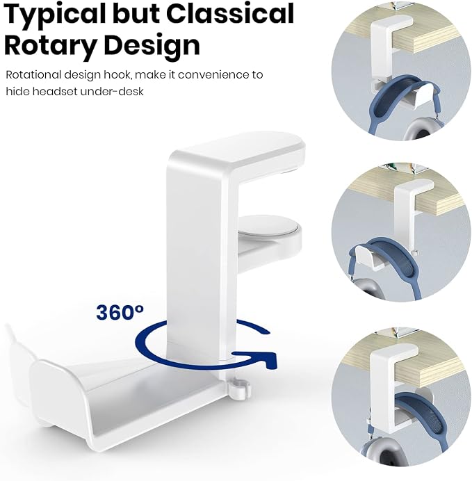 EURPMASK PC Gaming Headset Stand - Adjustable Clamp-on Headphone Holder, 360 Degree Swivel & Cable Clip Organizer - White