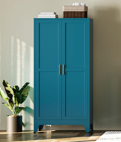 Bevivog Bathroom Storage Cabinet Freestanding, 61" Tall Metal Cabinets with Doors and Shelves, Blue Metal Pantry Cabinet for Kitchen, Living Room, Home Office