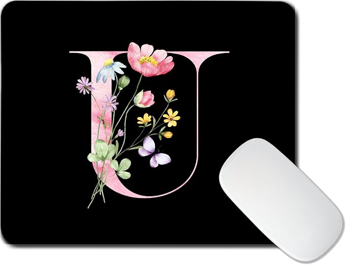 Mouse Pad Pinks Flowers Initial Letters Mousepad Desktop Laptop Computer Accessories Home Office Gaming Work Desk Computer Non-Slip Rubber Monogram Floral Alphabet A-Z mousepad (U)