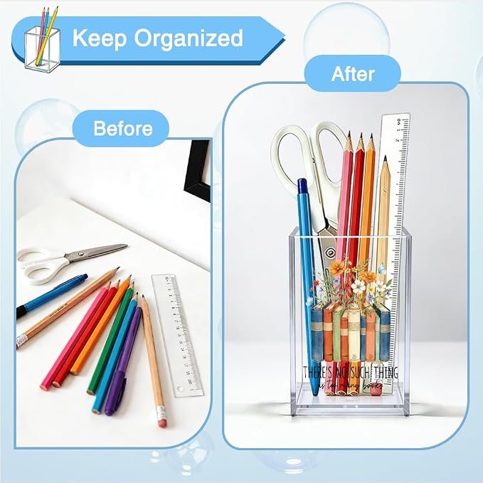 There's No Such Thing As Too Many Books Acrylic Organizer Pencil Pen Holder, Book Floral Acrylic Desk Organizer, Bookworm Gifts for Book Lover Reader, Back to School Gifts for Daughter Niece