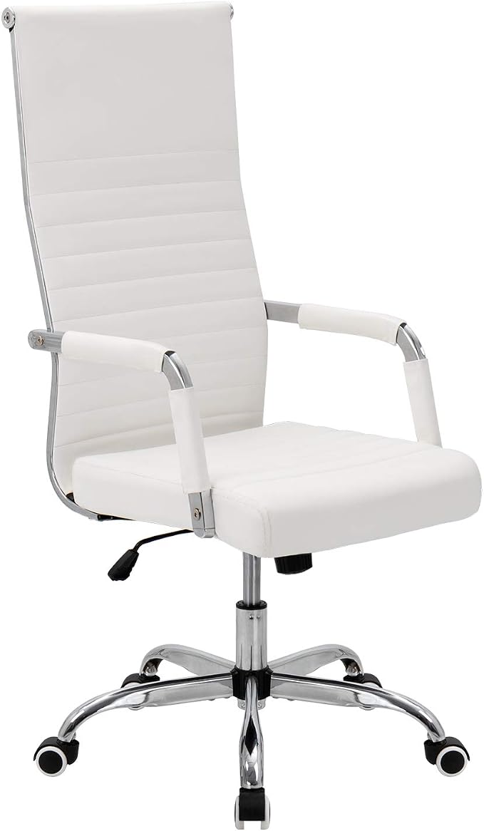 VICTONE Ribbed Office Chair High Back PU Leather Executive Conference Chair Adjustable Swivel Chair (White)