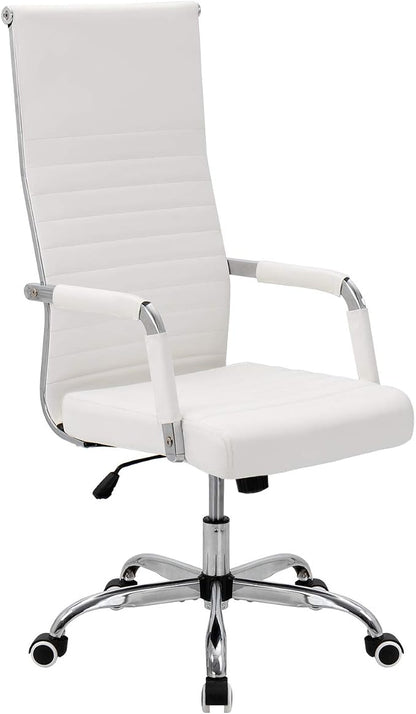 VICTONE Ribbed Office Chair High Back PU Leather Executive Conference Chair Adjustable Swivel Chair (White)
