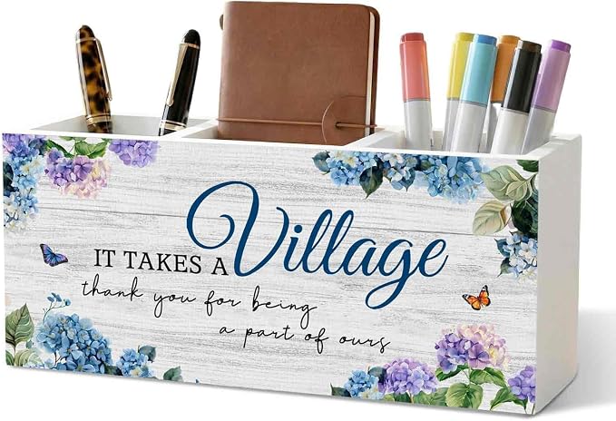It Takes a Village Thank You Gift Pencil Pen Holder for Desk Organizer, Thank You Appreciation Gifts for Coworkers Teachers Friends Wooden Box Decorations for Home Office Desk Tabletop Decor