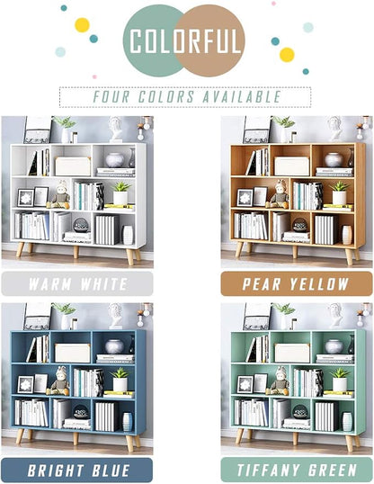 IOTXY Wooden Open Shelf Bookcase - 3-Tier Floor Standing Display Cabinet Rack with Legs, 8 Cubes Bookshelf, Pear Yellow