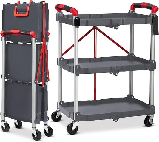 PioneerWorks Folding Utility Service Cart, Collapsible Cart with Wheels, 3 Tier Rolling Utility Cart, Folding Cart with Wheels Collapsible, Service Cart for Tool, Grocery, Bar, Kitchen, Office
