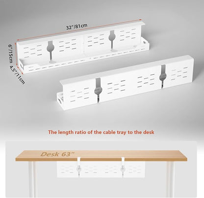 Univivi Under Desk Cable Management Tray - 32" Steel Cord Organizer, No-Drill C-Clamp & Screw Mount for Office/Home, Effortless Wire Management (White)
