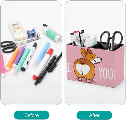 Niapessel Pencil Holder for Desk, Cute Corgi Dog Pen Holder Storage Desktop Pen Organizer Desk Pencil Organizer Makeup Brush Holder for Office School College Leather