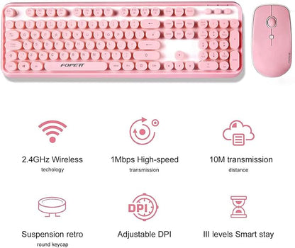 FOPETT Wireless Keyboard and Mouse Combo, 104 Keys Full-Sized 2.4 GHz Round Keycap Colorful Keyboards, USB Receiver Plug and Play, for Windows, Mac, PC, Laptop, Desktop (Pink)