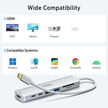 Selore&S-Global USB C Hub HDMI Adapter for MacBook Pro/Air, 7 in 1 USBC Dongle with HDMI, microSD/SD Reader, USB C Data Port,100W PD and 2 USB 3.0 Compatible for MacBook Pro/Air(Light Sliver)