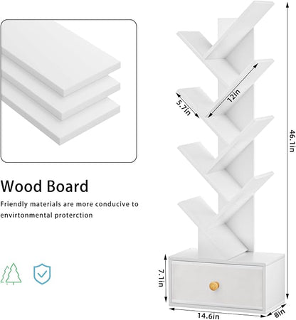 SHEEPAM 8 Tier Tree Bookshelf with Drawer, Free Standing Wood Bookcase for Living Room, Bedroom, Home Office, Space Saving Storage Organizer Bookshelves for Books, CDs, Vinyl Records- White
