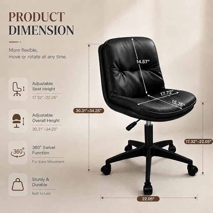 Vanity Chair with Back, PU Leather Swivel Office Desk Chair, Height Adjustable Armless Chair for Small Spaces, Bedroom, Vanity, Home Office Black