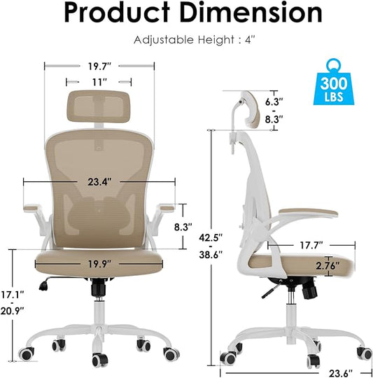 Farini Ergonomic Office Chair, Home Office Desk Chair with Headrest, High Back Swivel Computer Chair with Armrests and Adjustable Lumbar Support for Home Office Study Room, White & Khaki