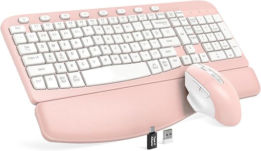 SABLUTE Wireless Keyboard and Mouse Combo, Ergonomic Wave Keys, Cushioned Plam Rest, Comfortable Silent Natural Typing, 2.4G Lag-Free, MA12 Full Size Keyboards Set for Multi-OS, Windows/Mac, Pink
