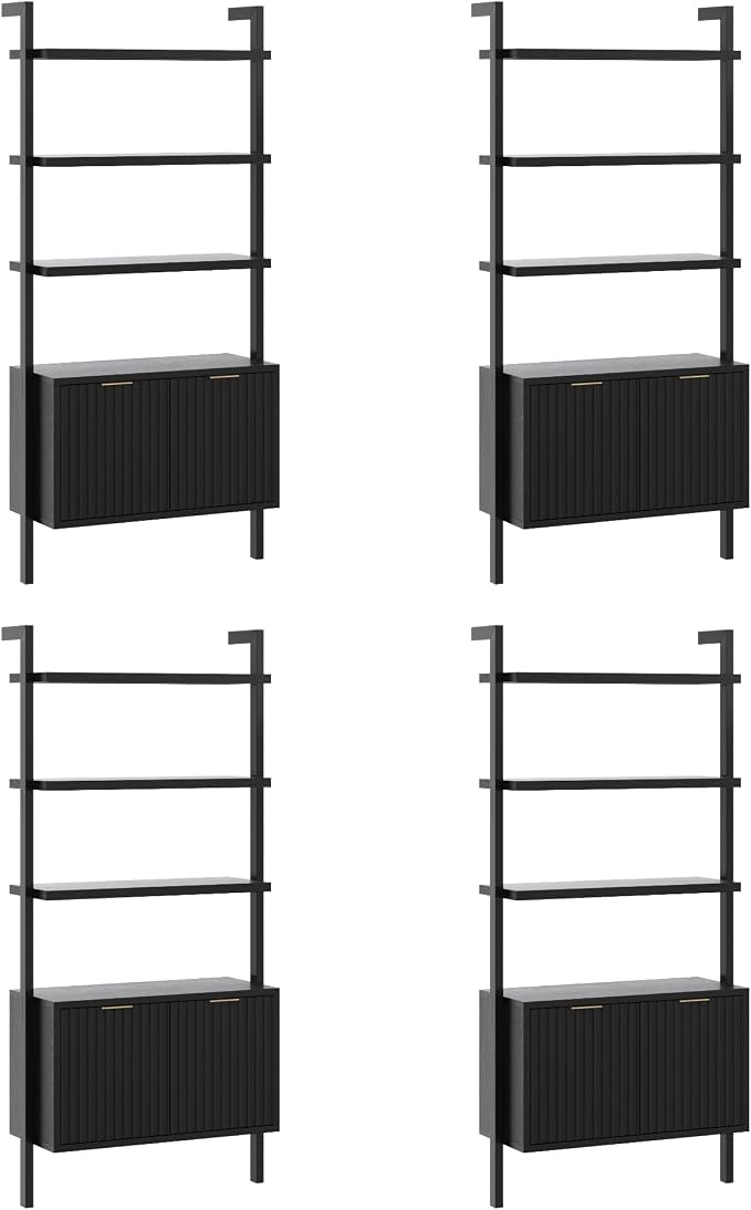 Nathan James Jasper 3-Shelf Solid Wood Boho Bookshelf, Wall Mounted Bookshelf with Cabinet with Fluted Doors, Black Oak, Set of 4