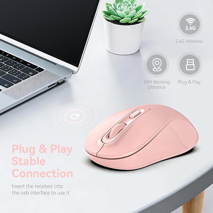 Wireless Mouse, 2026 New Model, Silent Click Ergonomic Design, Portable, 4 Buttons, Adjustable DPI (800/1200/1600), for Laptop/PC/Office (Pink)