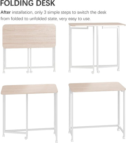 4NM 31.5" Mobile Small Rolling Computer Desk, Folding Laptop Cart Table with Wheels, Portable Office Desk for Small Space Couch Bed - Natural and White