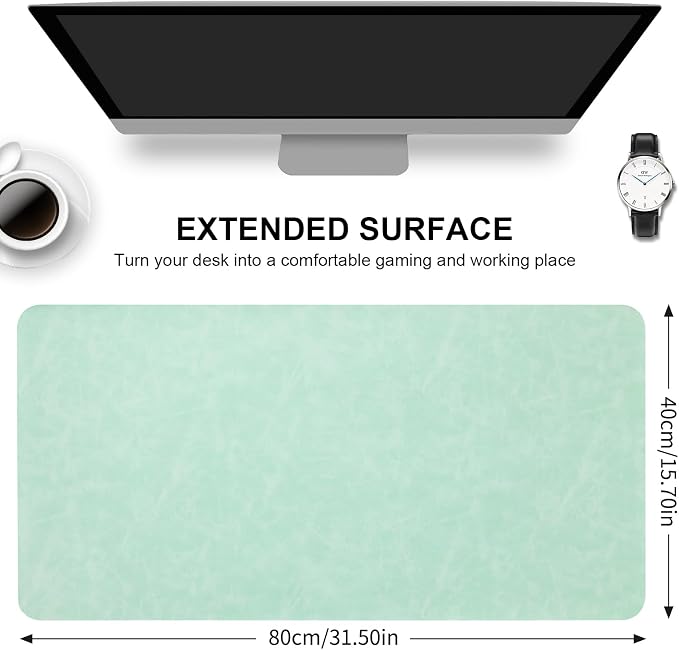 Desk Pad Soft PU Leather Large Mouse Pad Laptop Computer Desk Mat Table Blotter Flat Smooth Waterproof Non-Slip Desktop Protector Writing Pad for Office and Home (Light Green, 80x40cm)